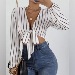 Black and White Striped Lantern Sleeve Cropped Front Tie Top